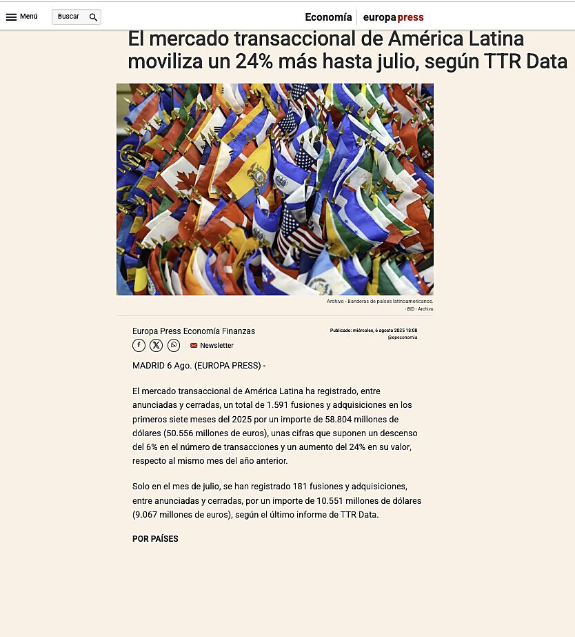 El mercado transaccional de Amrica Latina moviliza un 24% ms hasta julio, segn TTR Data
